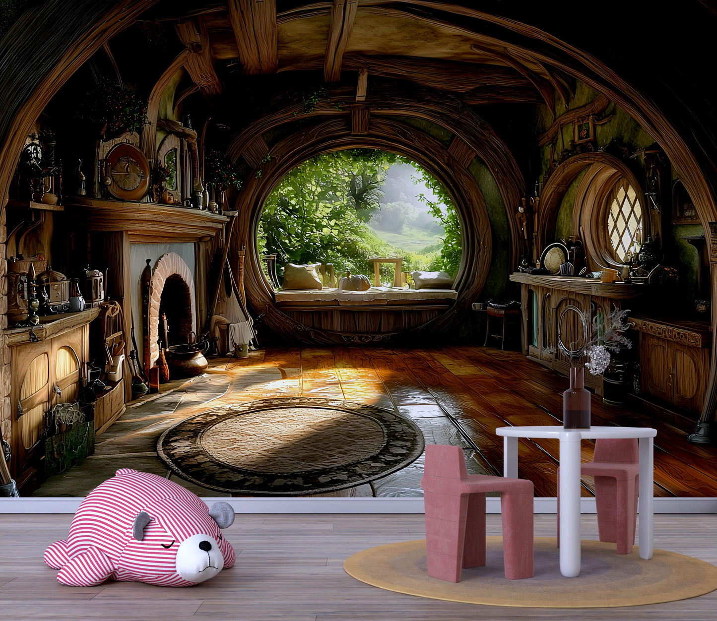 Hobbit Hole Wall Mural for Kids Room | Fantasy Nursery Decor | Cozy Woodland Playroom Backdrop | Tolkien-Inspired Art Print Vn603