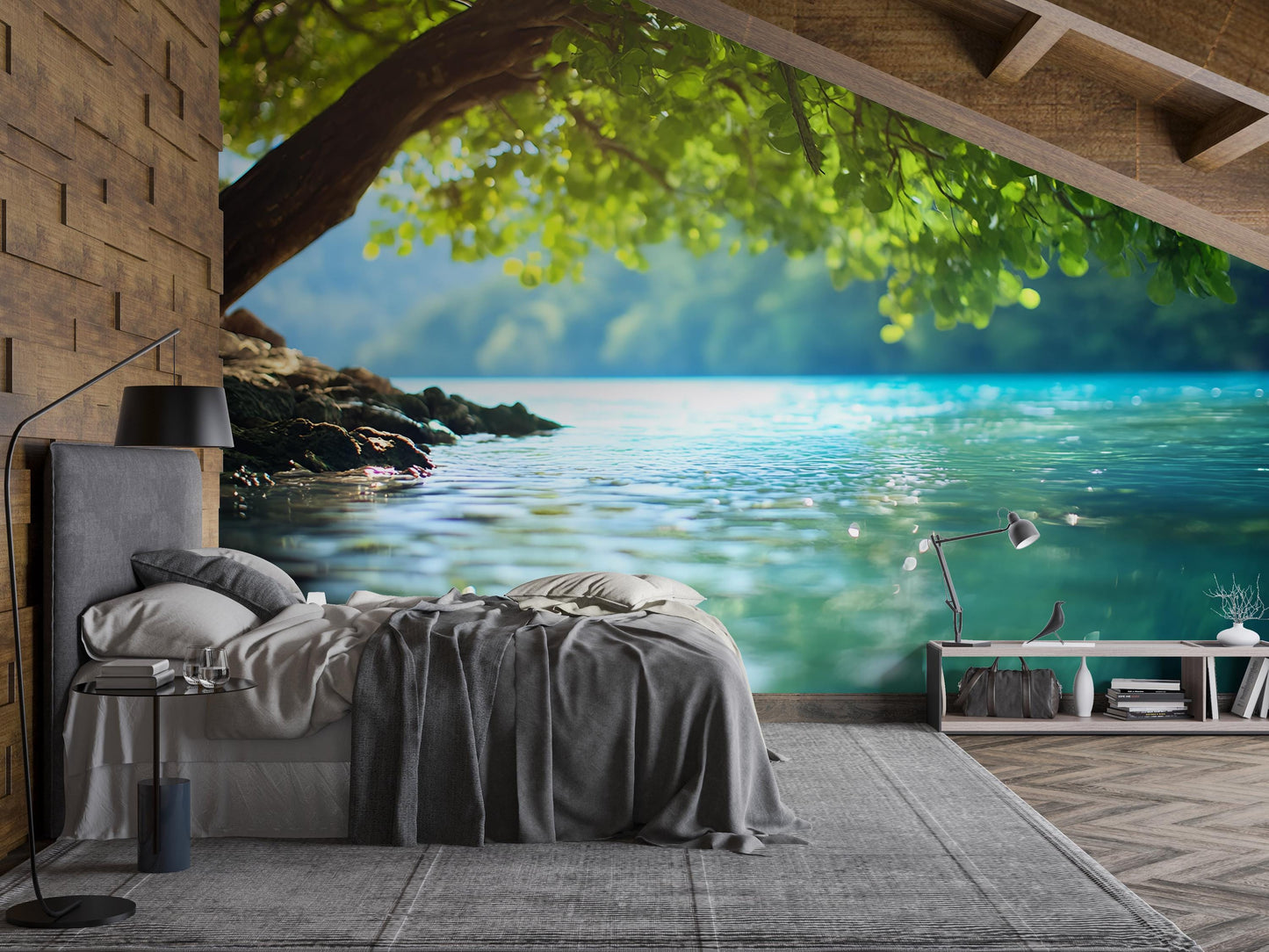 Tranquil Lake View Wall Mural – Nature Bedroom Wallpaper – Serene Tree & Water Scene – Large Scenic Peel and Stick Mural Vn493