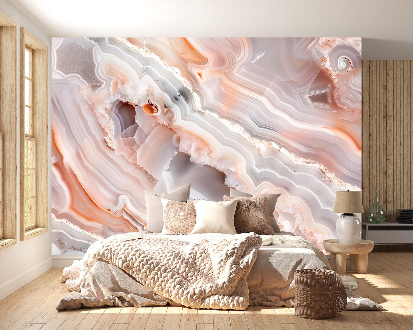 Peach Agate Wall Mural – Crystal Stone Pattern Wallpaper in Grey & Coral Tones Vn1091