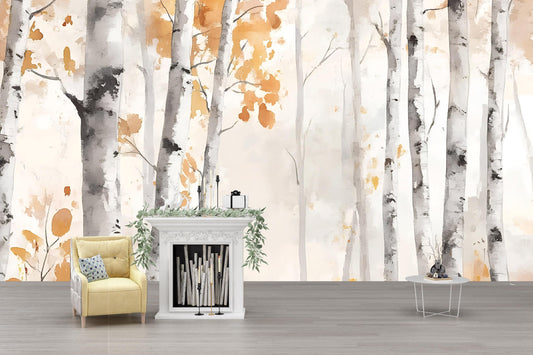 Birch Tree Wall Mural | Autumn Forest Wallpaper | Neutral Nature Accent Wall | Scandinavian Woodland Peel and Stick Wall Art Vn491