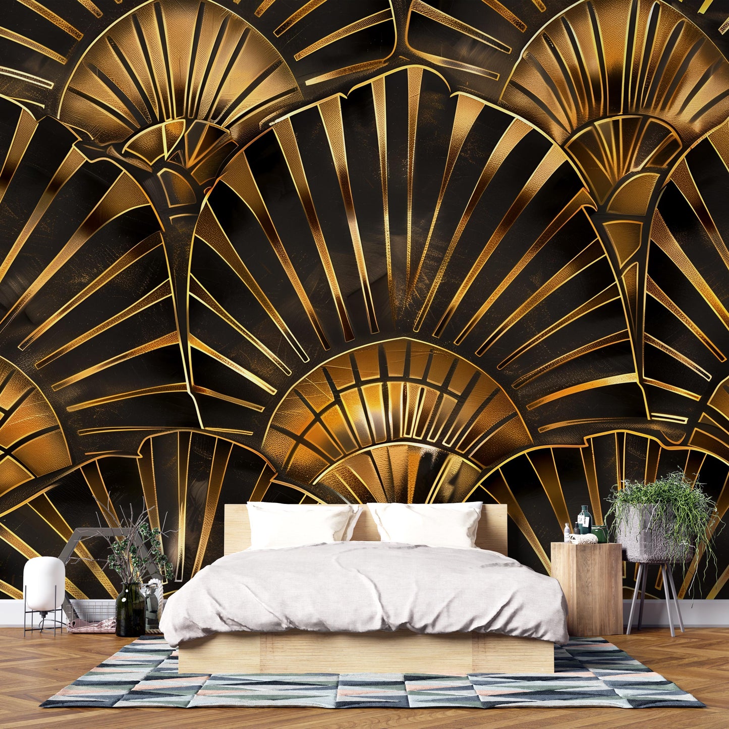 Art Deco Gold Wall Mural – Glam Geometric Fan Wallpaper in Black & Gold Luxury Style Vn1090