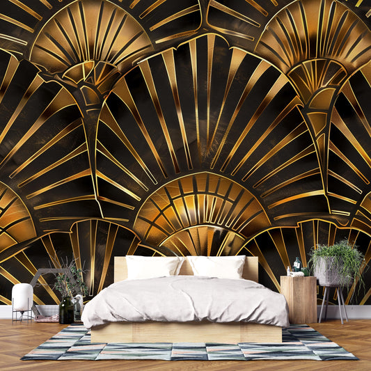 Art Deco Gold Wall Mural – Glam Geometric Fan Wallpaper in Black & Gold Luxury Style Vn1090