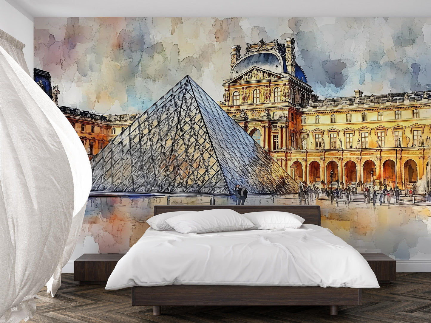 Louvre Pyramid Wall Mural – Paris Watercolor Museum Wallpaper Vn935