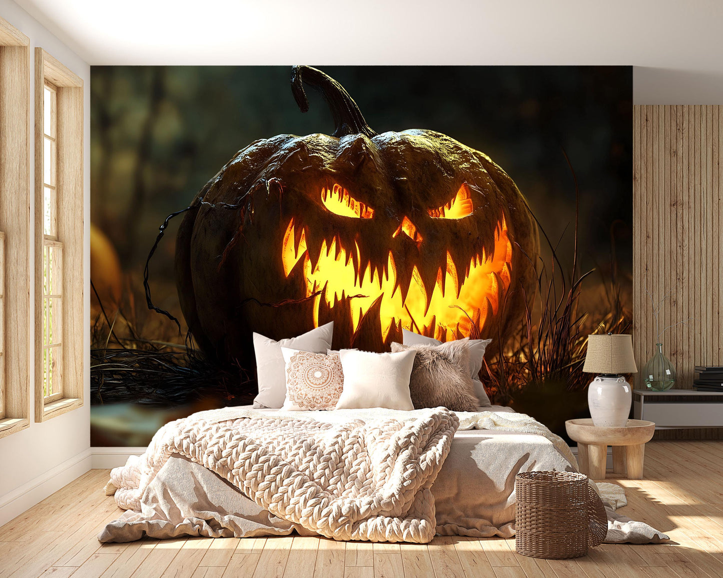Scary Jack-O’-Lantern Wall Mural – Creepy Halloween Horror Pumpkin Art Vn795