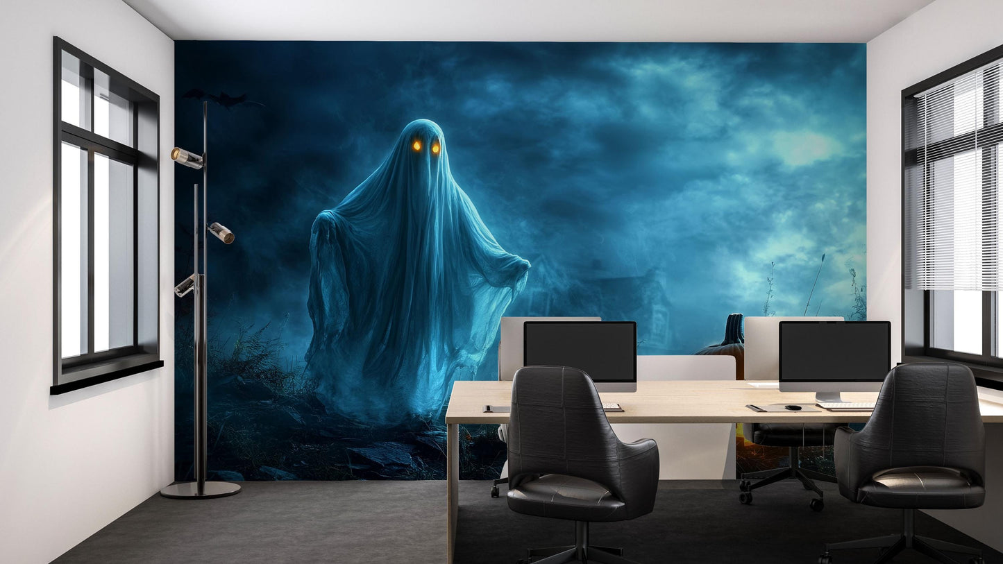 Haunted Ghost & Pumpkin Wall Mural – Spooky Halloween Bedroom Décor Vn801