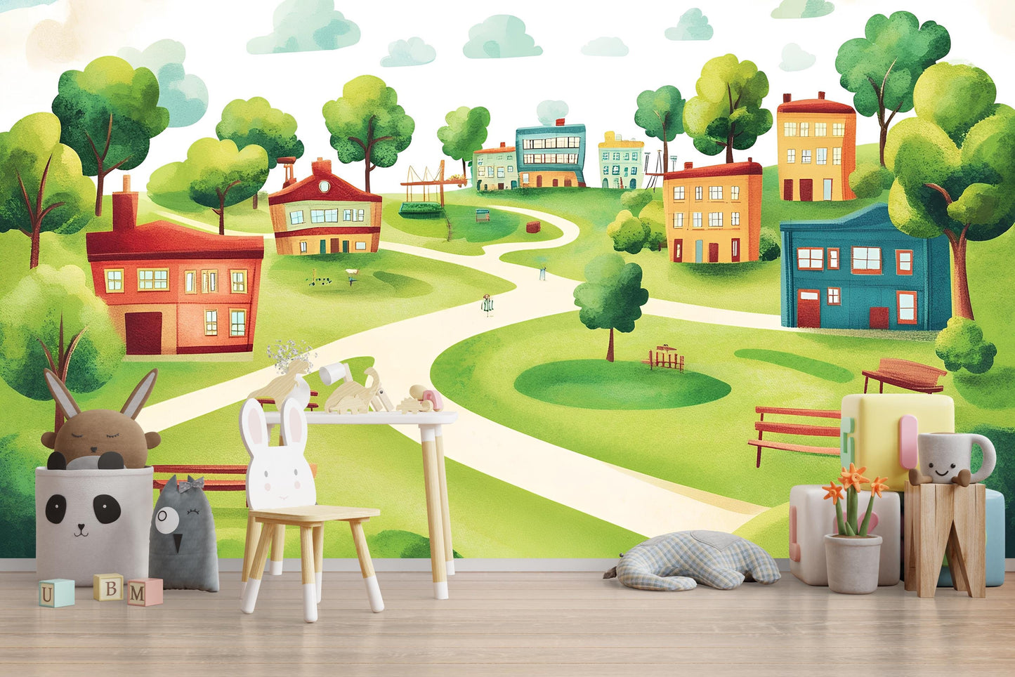 Whimsical Kids Wall Mural – Colorful Village Landscape Wallpaper for Nursery or Playroom – Peel and Stick Removable Mural Vn420