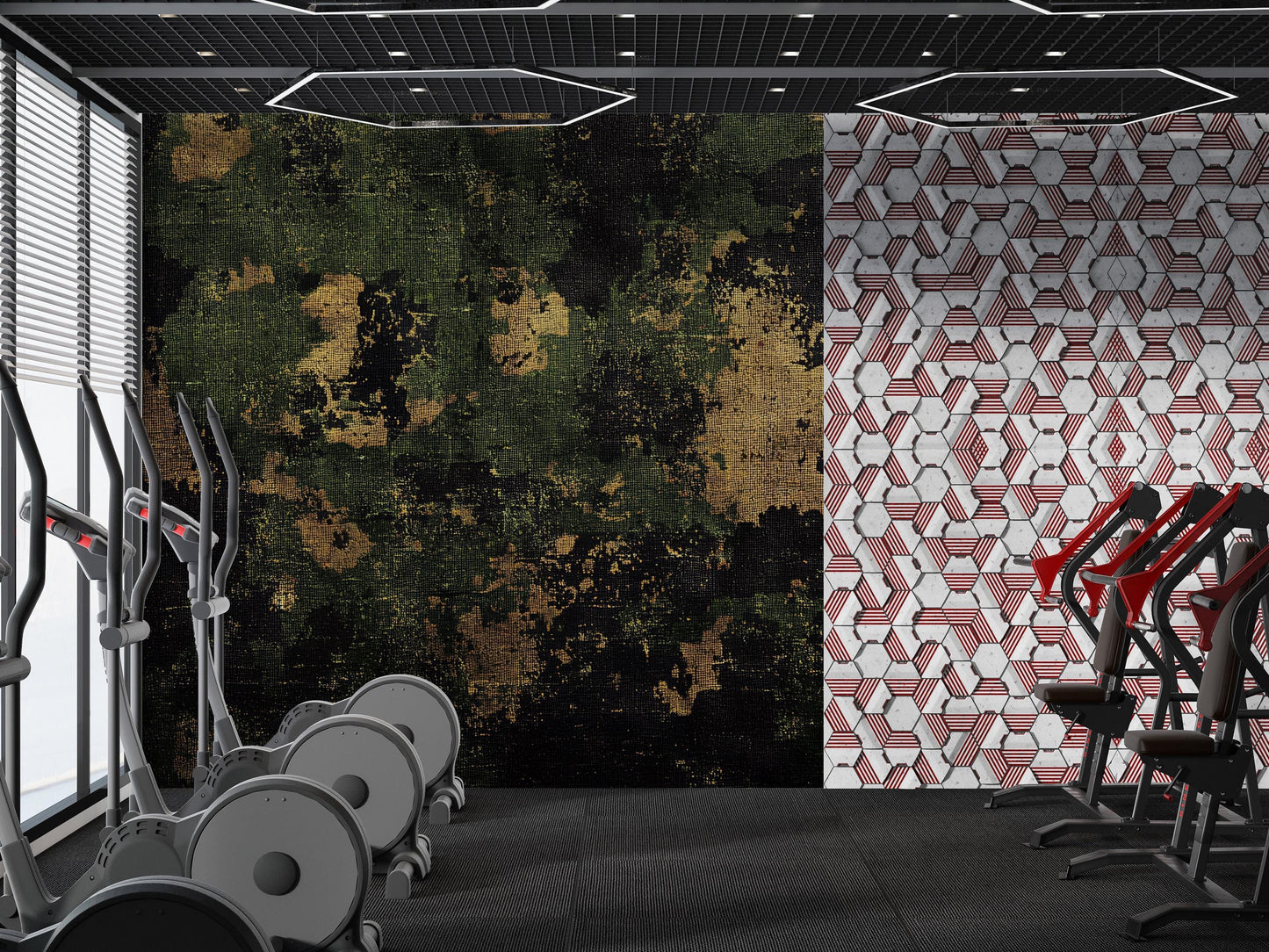 Modern Gym Wall Mural – Industrial Camo & Geometric Pattern, Fitness Center Decor Vn462