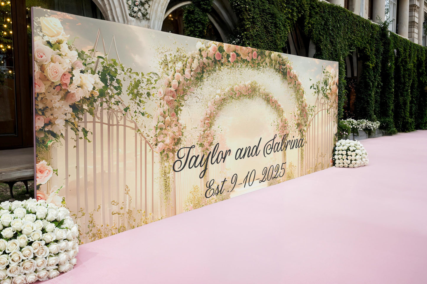 Elegant Floral Wedding Backdrop Sign - Personalized Arch Design with Names & Date - Custom Wedding Decor Vn510