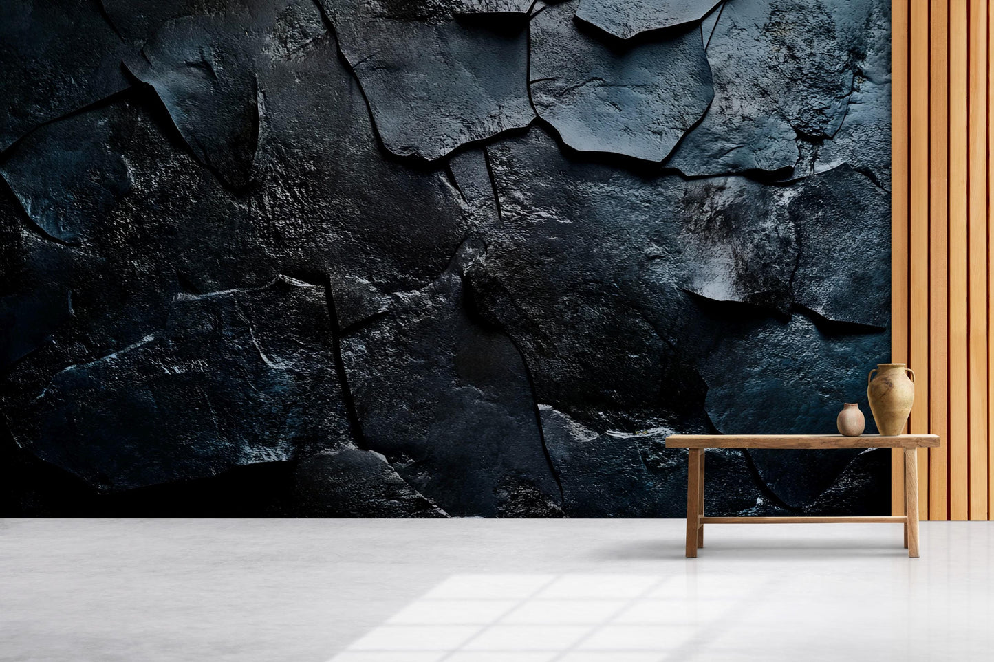 Modern Black Rock Texture Wallpaper – Bold Dark Stone Wall Mural for Living Room, Office, or Studio – Industrial Style Décor Vn653