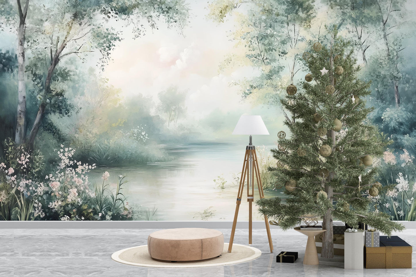 Tranquil River Wall Mural – Floral Nature Wallpaper Vn971