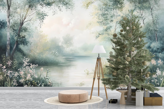 Tranquil River Wall Mural – Floral Nature Wallpaper Vn971