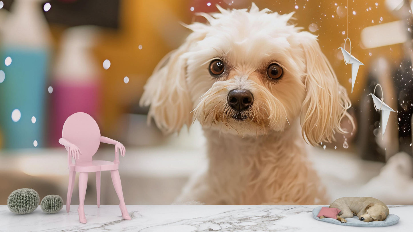 Cute Dog Wall Mural for Pet Lovers – White Puppy Bath Scene Wallpaper – Large Pet Decor for Living Room or Grooming Studio Vn665