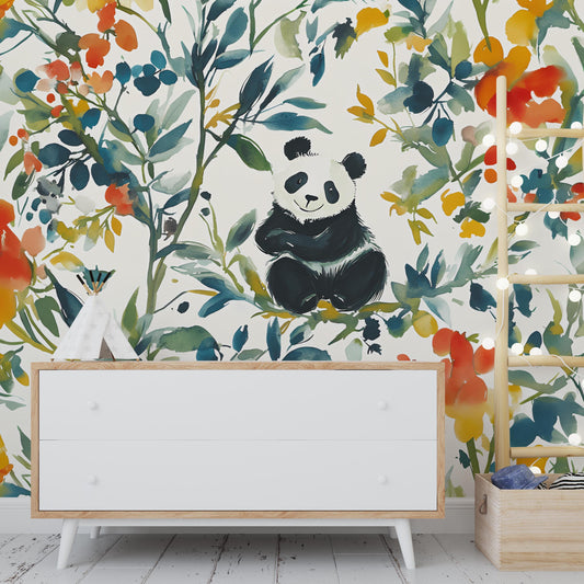 Panda Wall Mural Watercolor Nursery | Jungle Animal Wallpaper | Kids Room Botanical Panda Decor | Removable Peel Stick Wallpaper Vn109