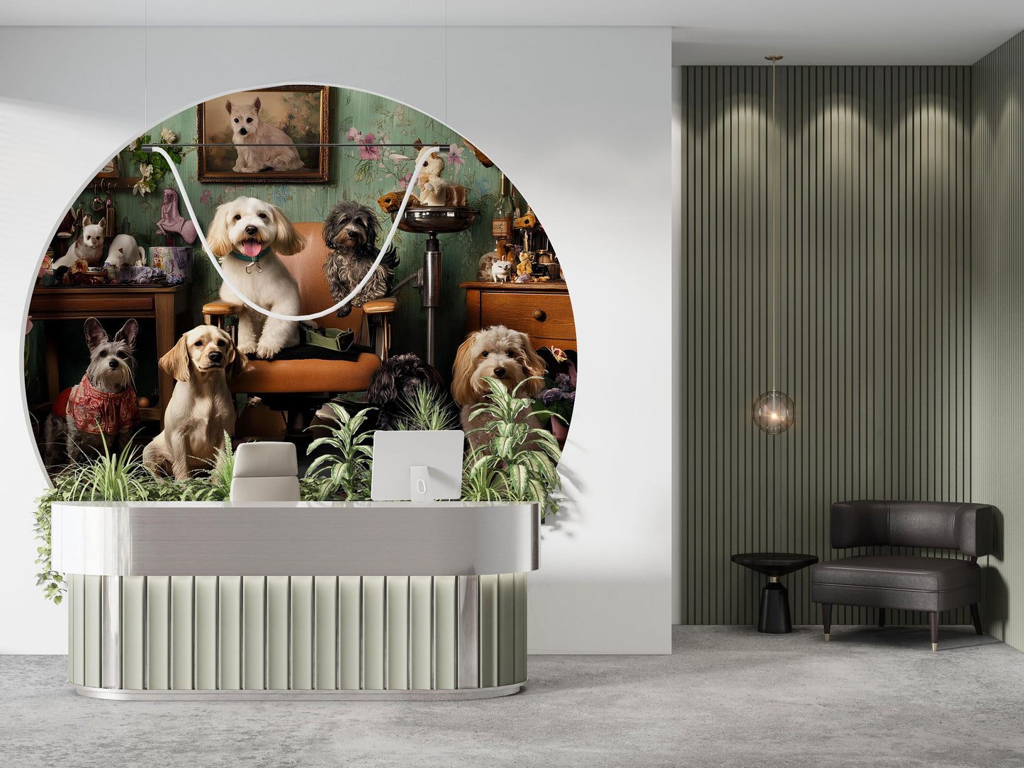 Whimsical Dog Grooming Wall Mural – Cute Dogs Salon Scene, Pet Lover Wallpaper Art Vn678