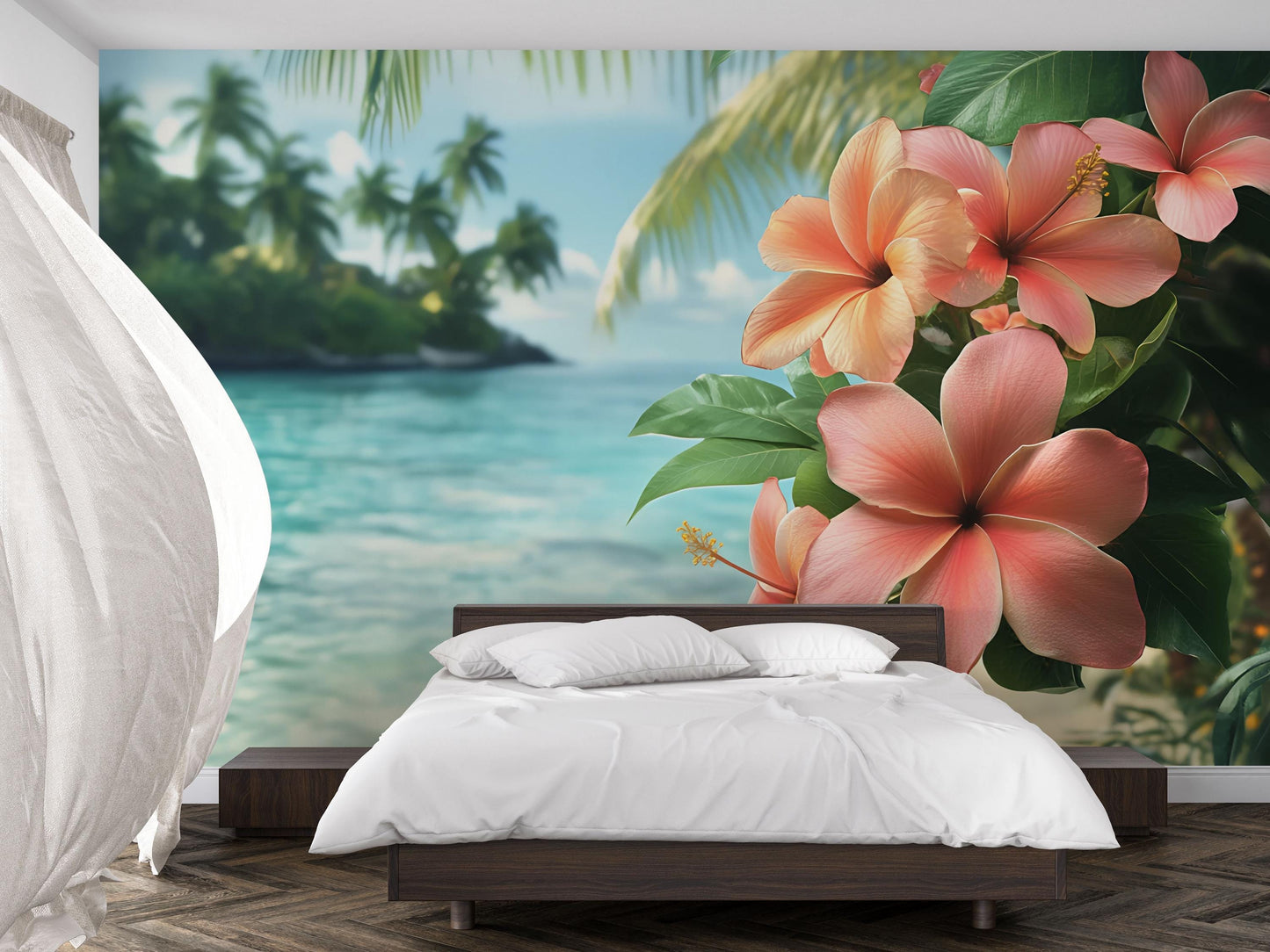 Tropical Beach Hibiscus Flower Wall Mural – Exotic Ocean Paradise Bedroom Wallpaper Vn647