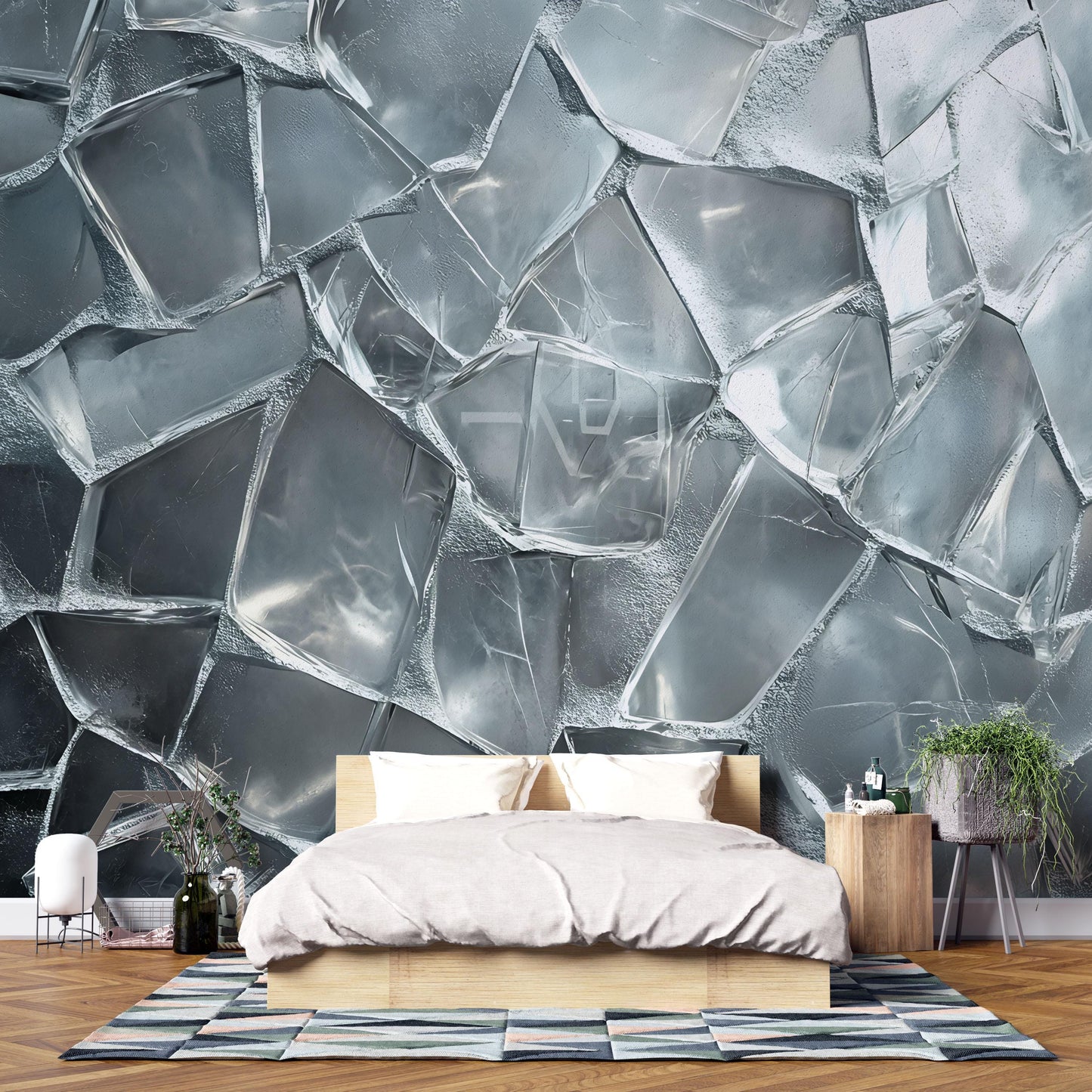 3D Ice Wall Mural for Bedroom, Cool Modern Wall Art, Textured Frozen Ice Wallpaper, Abstract Blue Grey Wall Décor Vn726