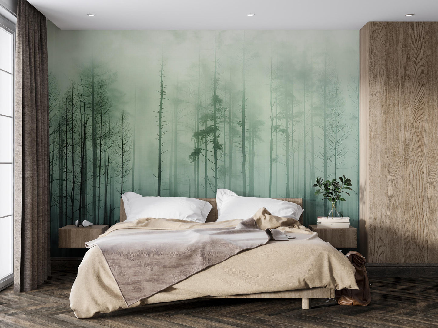Misty Pine Forest Wall Mural – Foggy Woodland Wallpaper, Nature Landscape Accent Wall Decor for Bedroom or Living Room Vn1072
