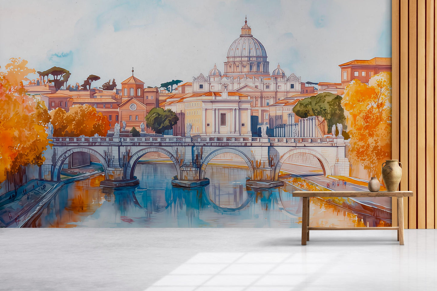 Rome St. Peter’s Basilica Wall Mural – Watercolor Vatican Bridge & River Wallpaper Vn924