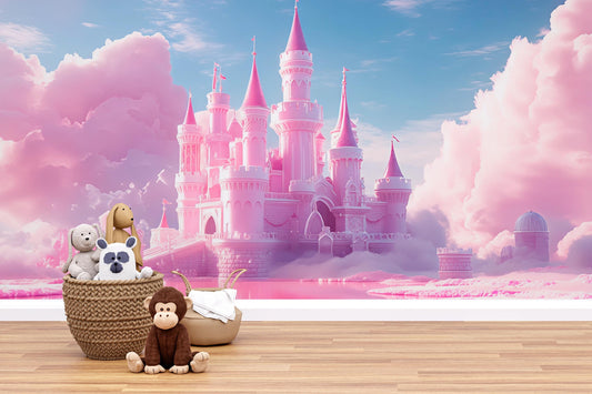 Pink Princess Castle Wall Mural for Kids Room – Fantasy Fairytale Wallpaper for Girls Bedroom Nursery – Magical Dreamland Decor Vn358