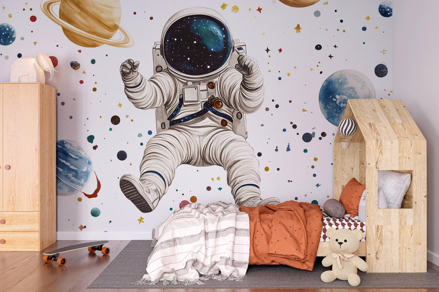 Space Astronaut Wall Mural for Kids Room – Outer Space Planets Galaxy Wallpaper – Nursery Space Theme Decor for Boys or Girls Vn443
