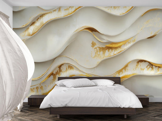 Gold Wave Textured Wall Mural – Modern 3D Luxury Accent Wallpaper  Vn774