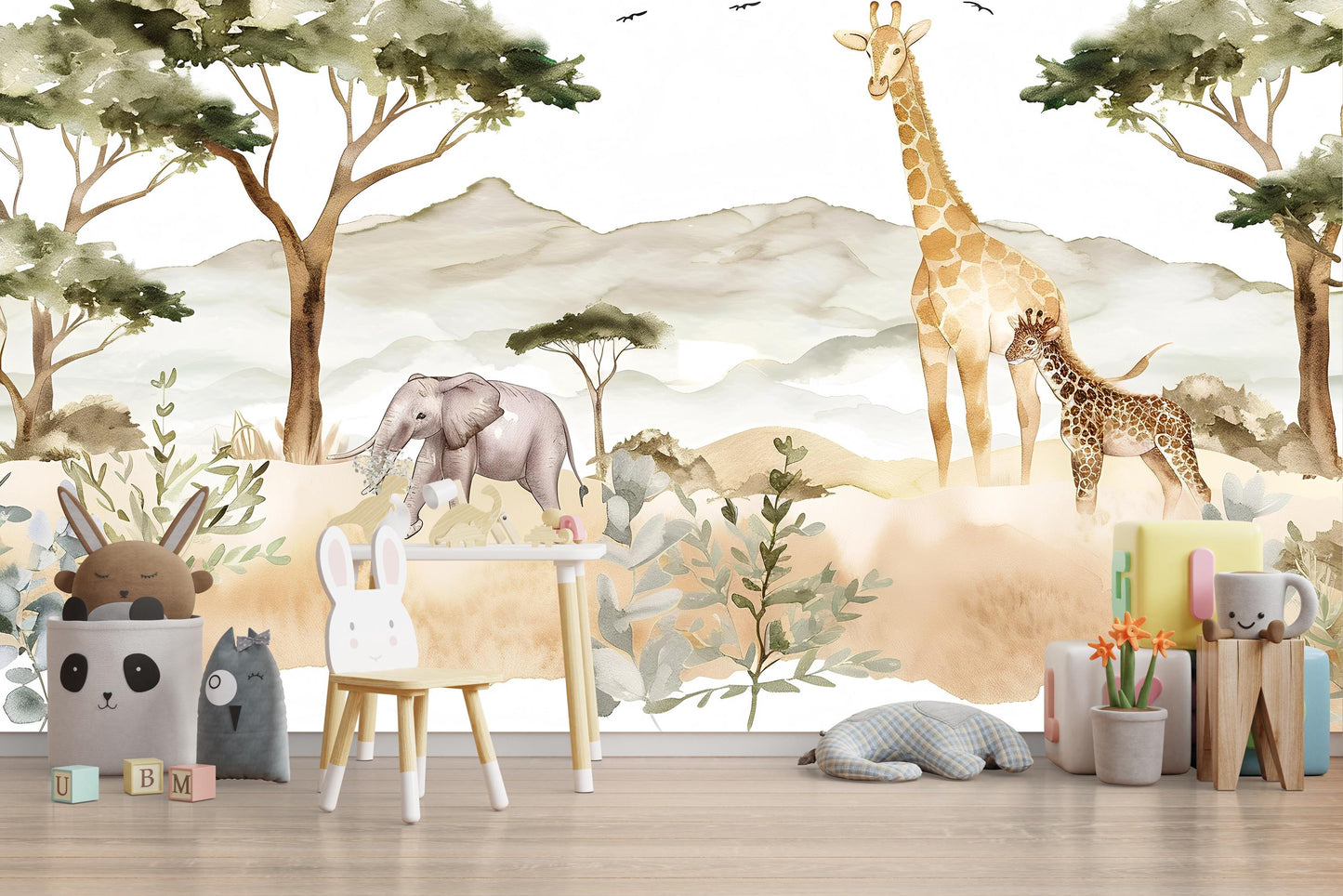 Safari Animals Wall Mural | Jungle Nursery Wallpaper with Giraffe & Elephant Vn1036