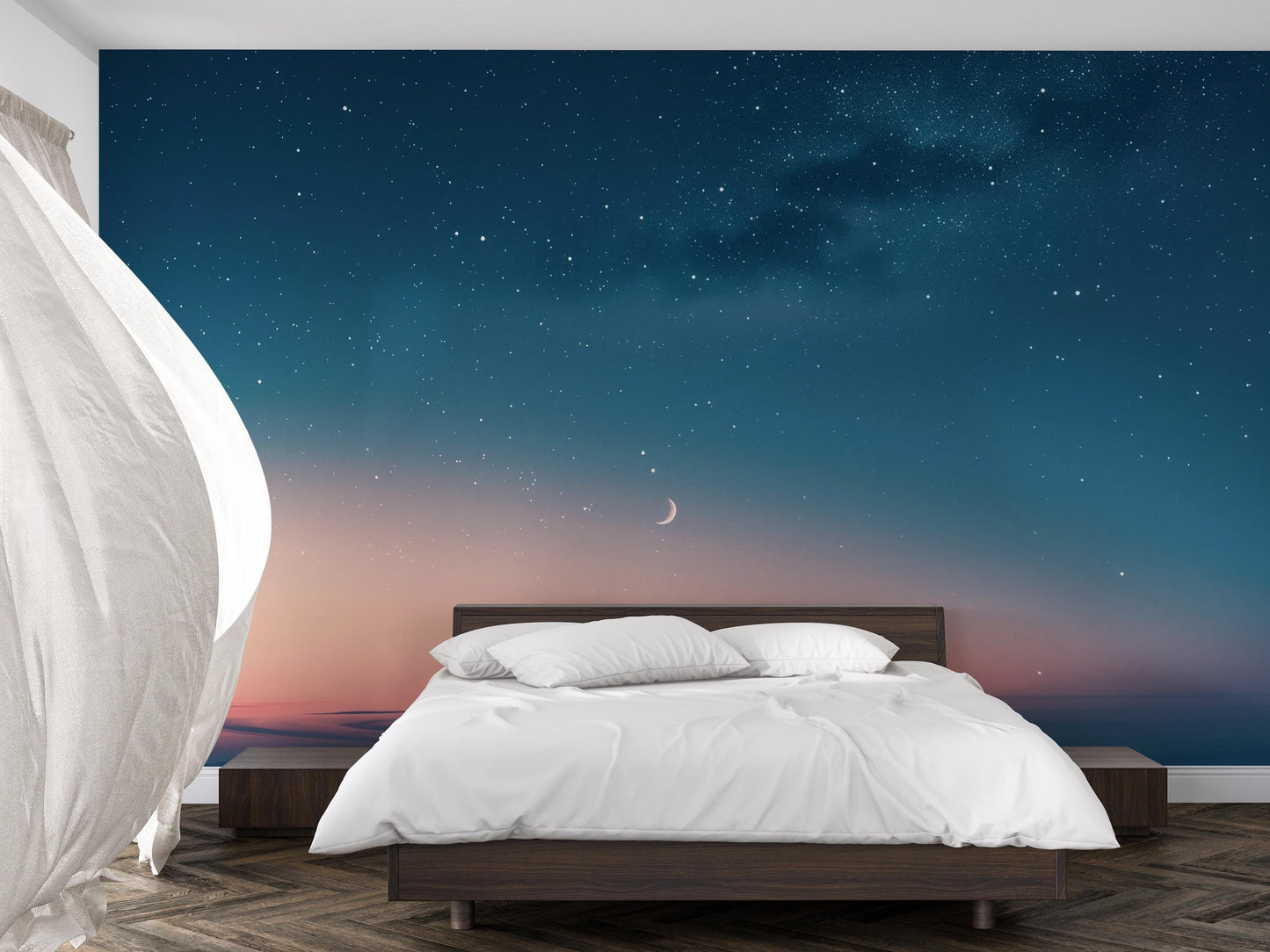 Starry Night Sky Wall Mural – Moon and Galaxy Wallpaper, Cosmic Accent Wall Decor for Bedroom, Living Room or Meditation Space  Vn1078
