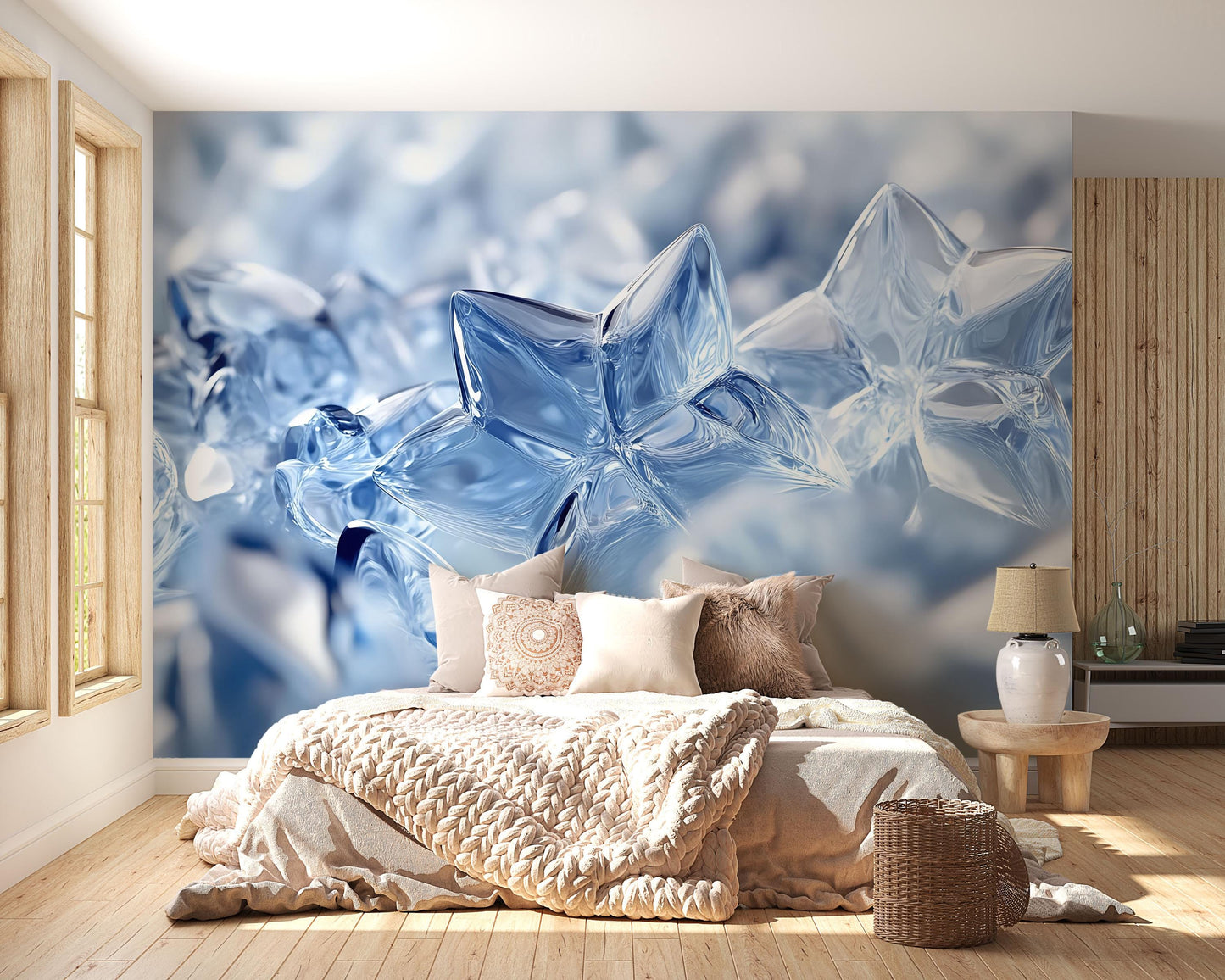 Blue Crystal Ice Snowflake Wall Mural – Winter Themed Accent Wall Art – Modern Bedroom Wallpaper – Frosty Nature Scene Décor Vn725