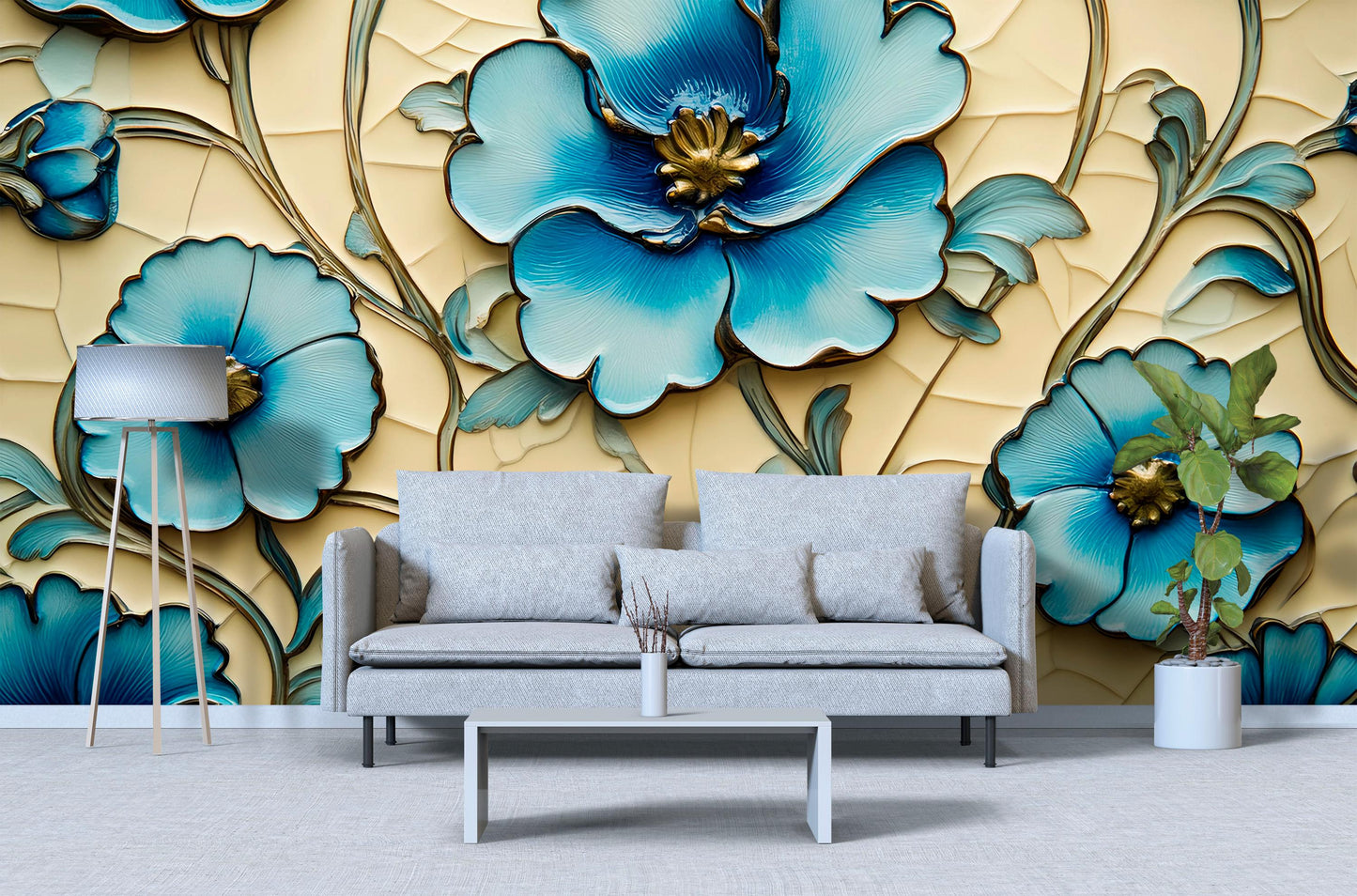 Blue Floral Wall Mural – 3D Effect Botanical Wallpaper for Living Room or Office Vn769