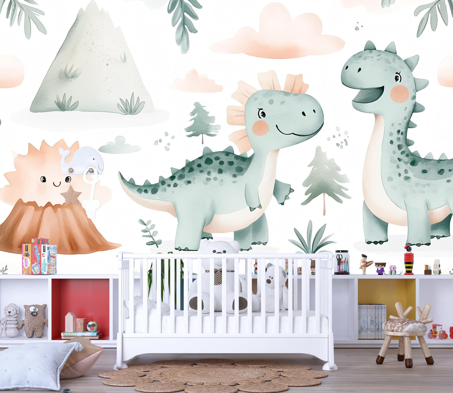 Happy Dinosaur Wall Mural – Cute Cartoon Dino Wallpaper for Nursery & Kids Room Vn977