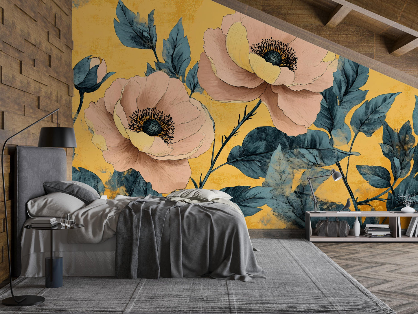 Bold Floral Wall Mural – Oversized Peony Wallpaper Yellow Vn1027