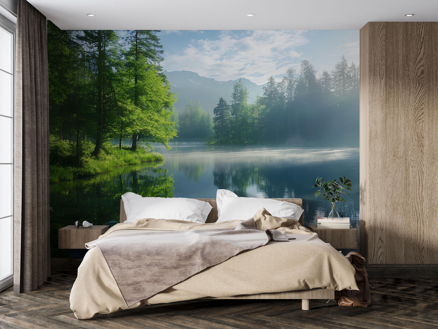 Lake Forest Wall Mural – Nature Scenic Wallpaper, Serene Mountain Lake Wall Art, Forest Bedroom Decor Vn687
