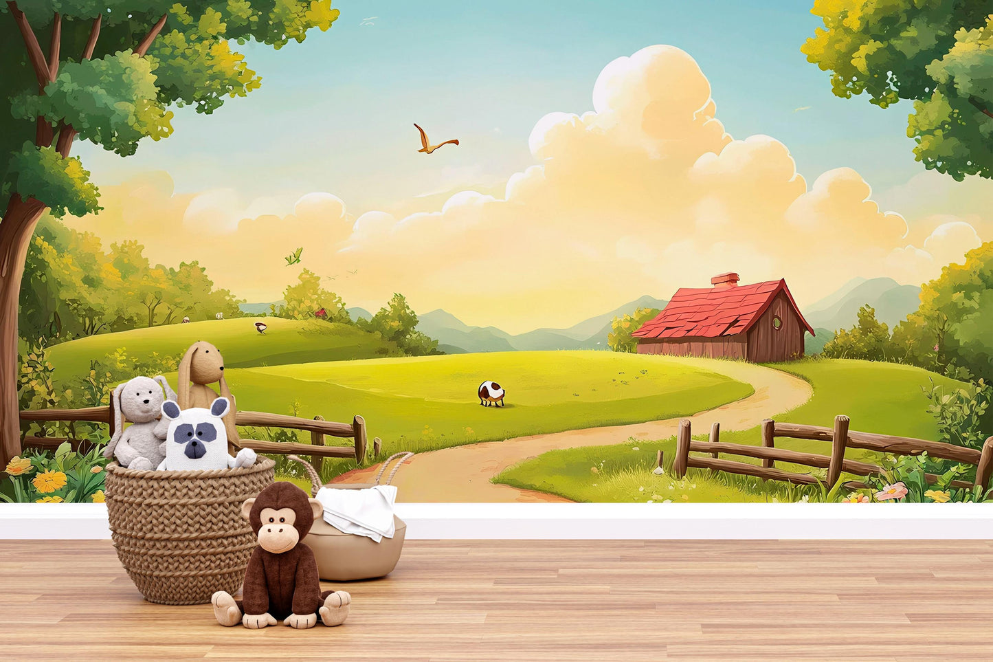 Whimsical Farm Animal Nursery Wall Mural – Pastoral Landscape Baby Room Wallpaper – Cartoon Country Wall Art for Kids Room Decor Vn621