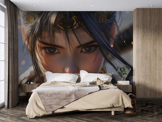 Fantasy Warrior Girl Wall Mural - Anime Style Face Close-Up Art for Bedroom Decor, Epic Gaming Room Tapestry Accent Wallpaper Vn362