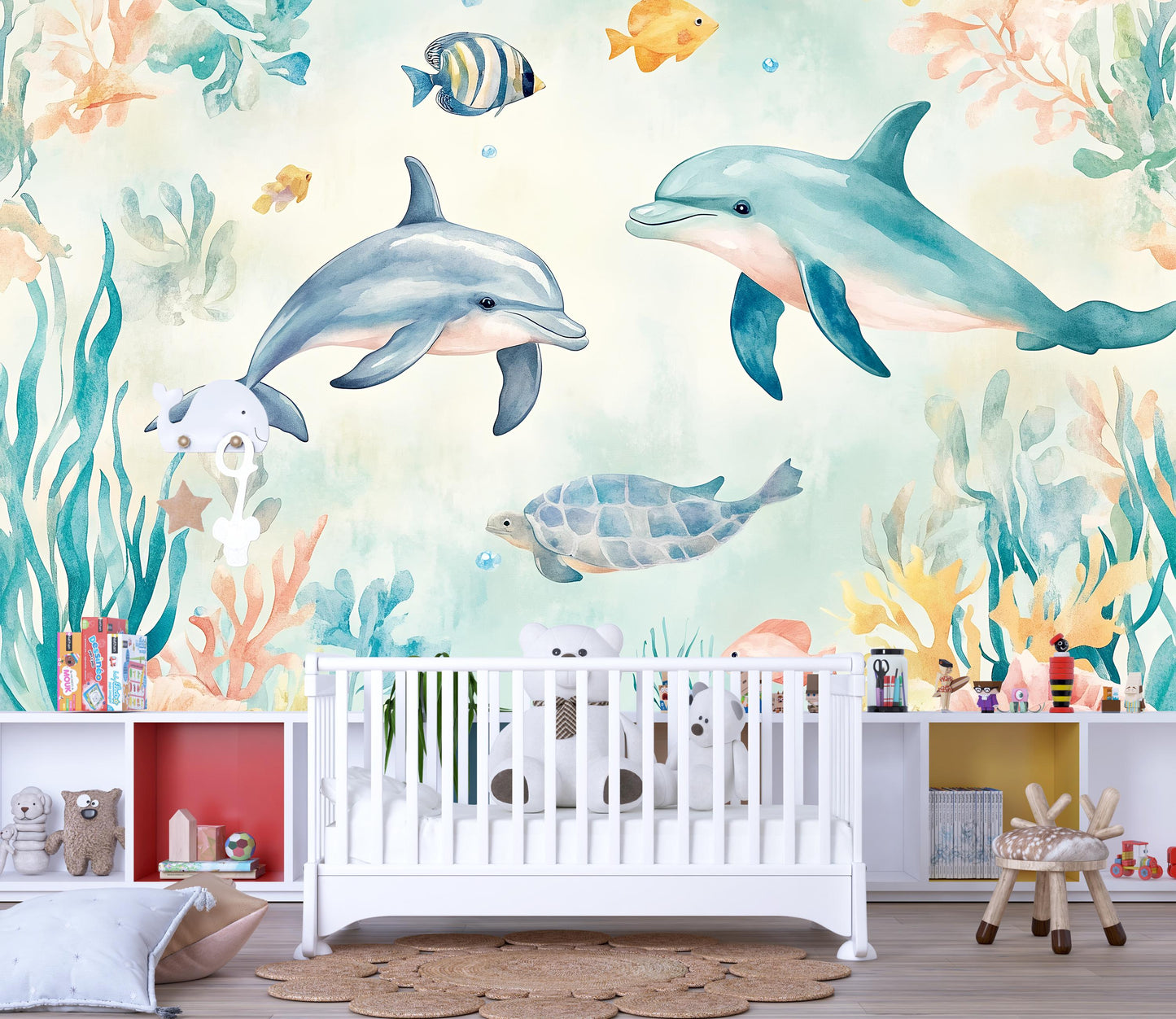 Dolphin Wall Mural – Underwater Ocean Nursery Wallpaper with Sea Turtle & Fish Vn988