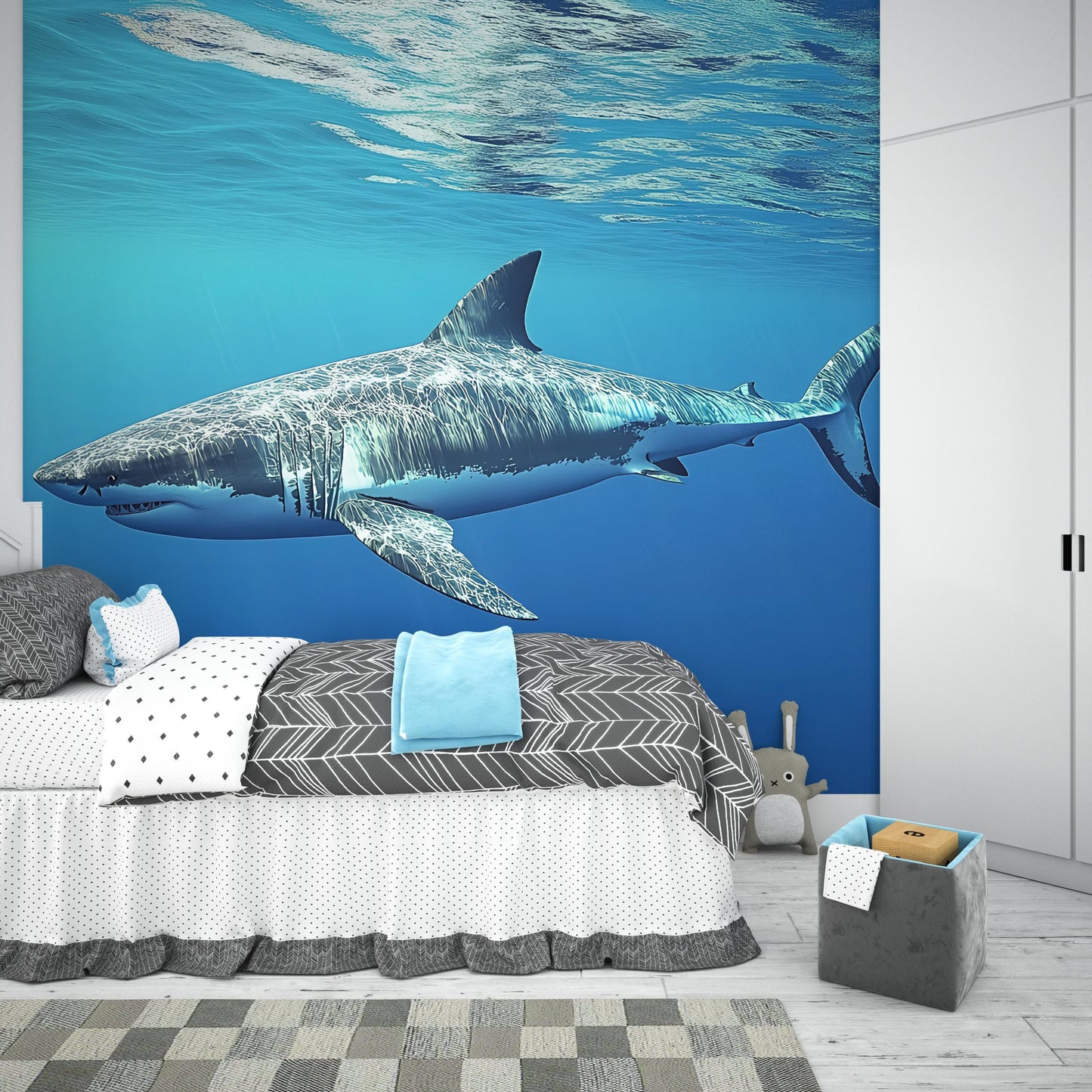 Great White Shark Wall Mural – Ocean Theme Bedroom Decor – Underwater Shark Wallpaper Vn386