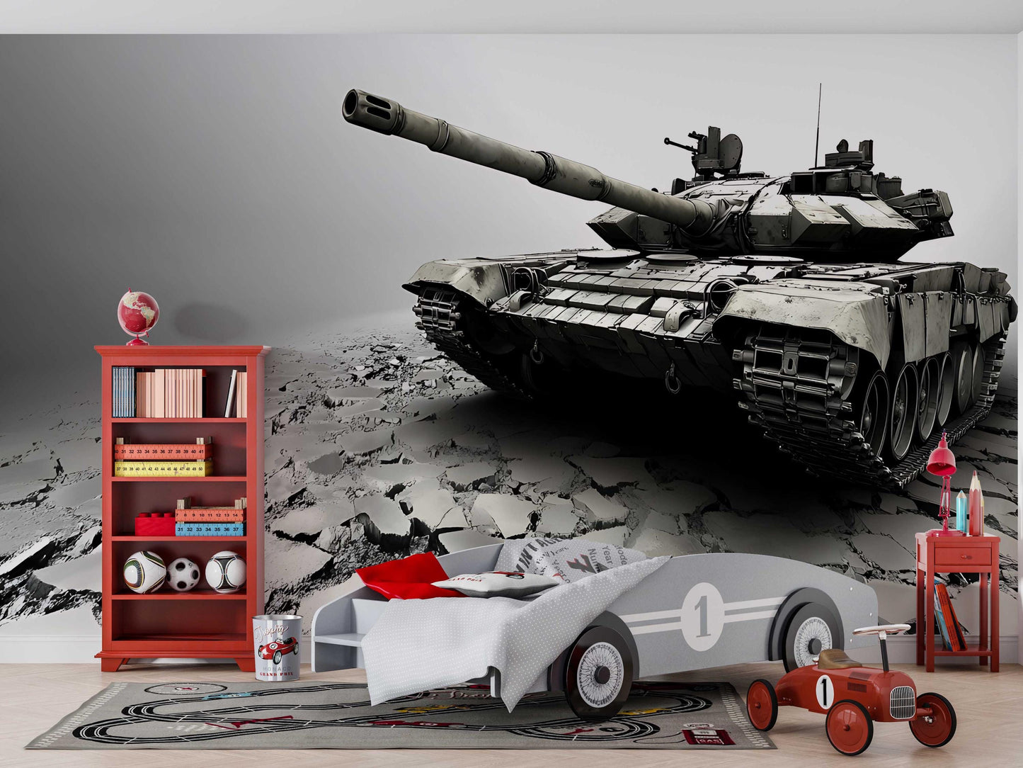 Modern Tank Wall Mural – Military Tank Wallpaper for Boys Room, Teen Bedroom Decor, Realistic War Vehicle Art for Wall Vn454