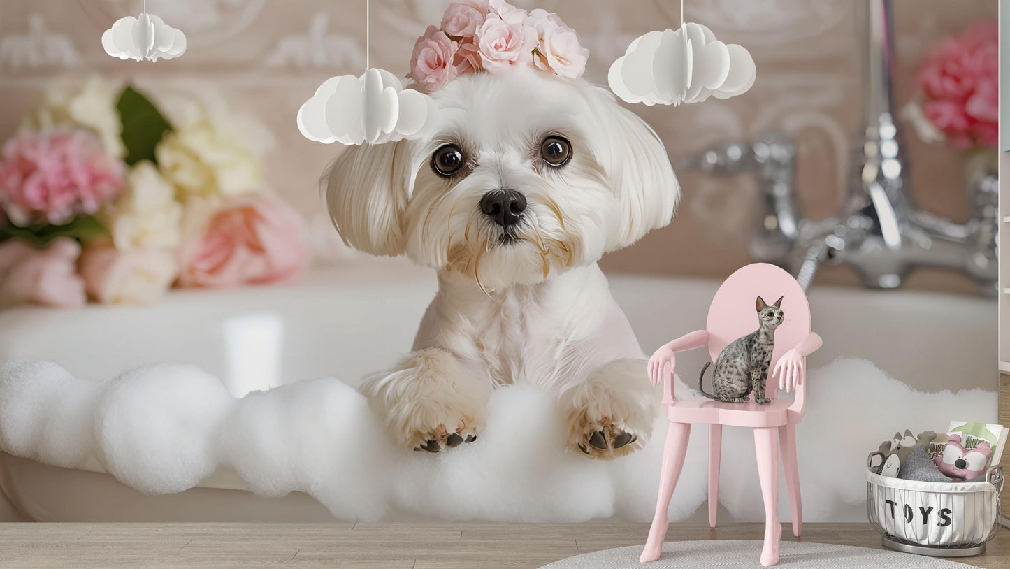 Cute Maltese Dog Bath Art | Whimsical Puppy Bathroom Print | Funny Dog Spa Wall Decor | White Dog Nursery Poster Vn667