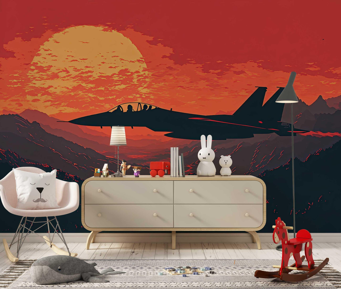 Jet Fighter Sunset Wall Mural – Retro Military Aircraft Wall Art – Bold Aviation Decor for Boys Room, Office or Pilot Gift Vn451