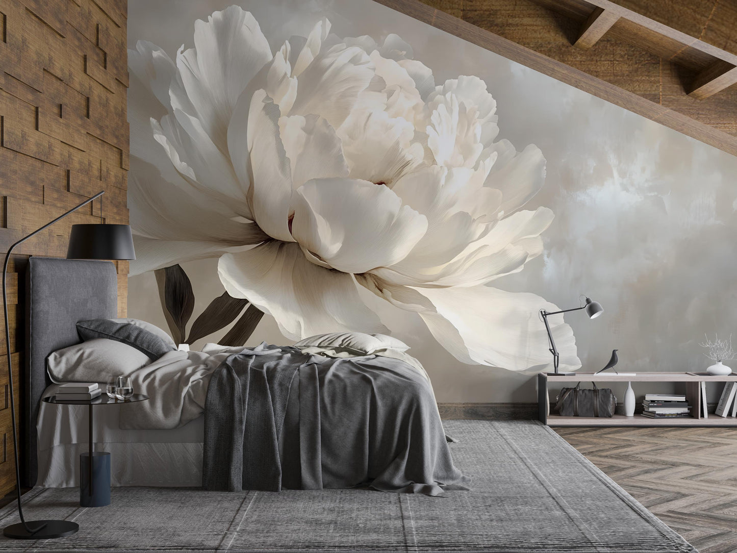 Large White Peony Wall Mural – Elegant Neutral Floral Wallpaper for Bedroom Accent Vn1051