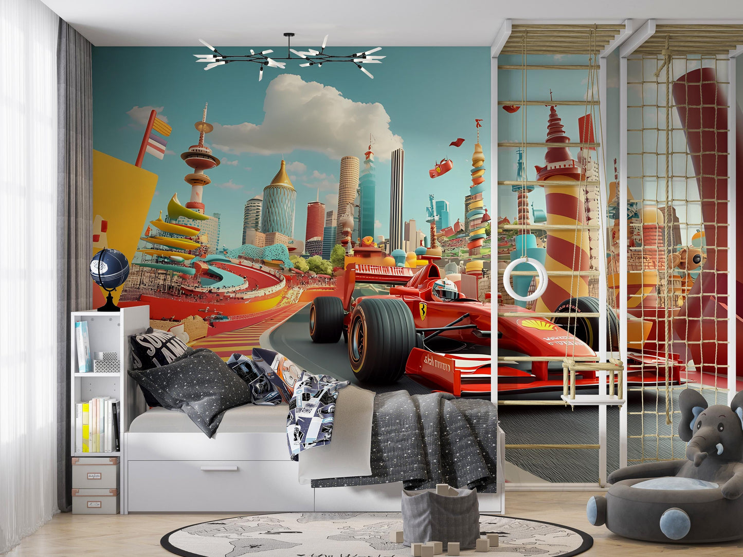 Kids Race Car Wall Mural – Colorful Formula 1 Cityscape Wallpaper for Boys Room Vn371