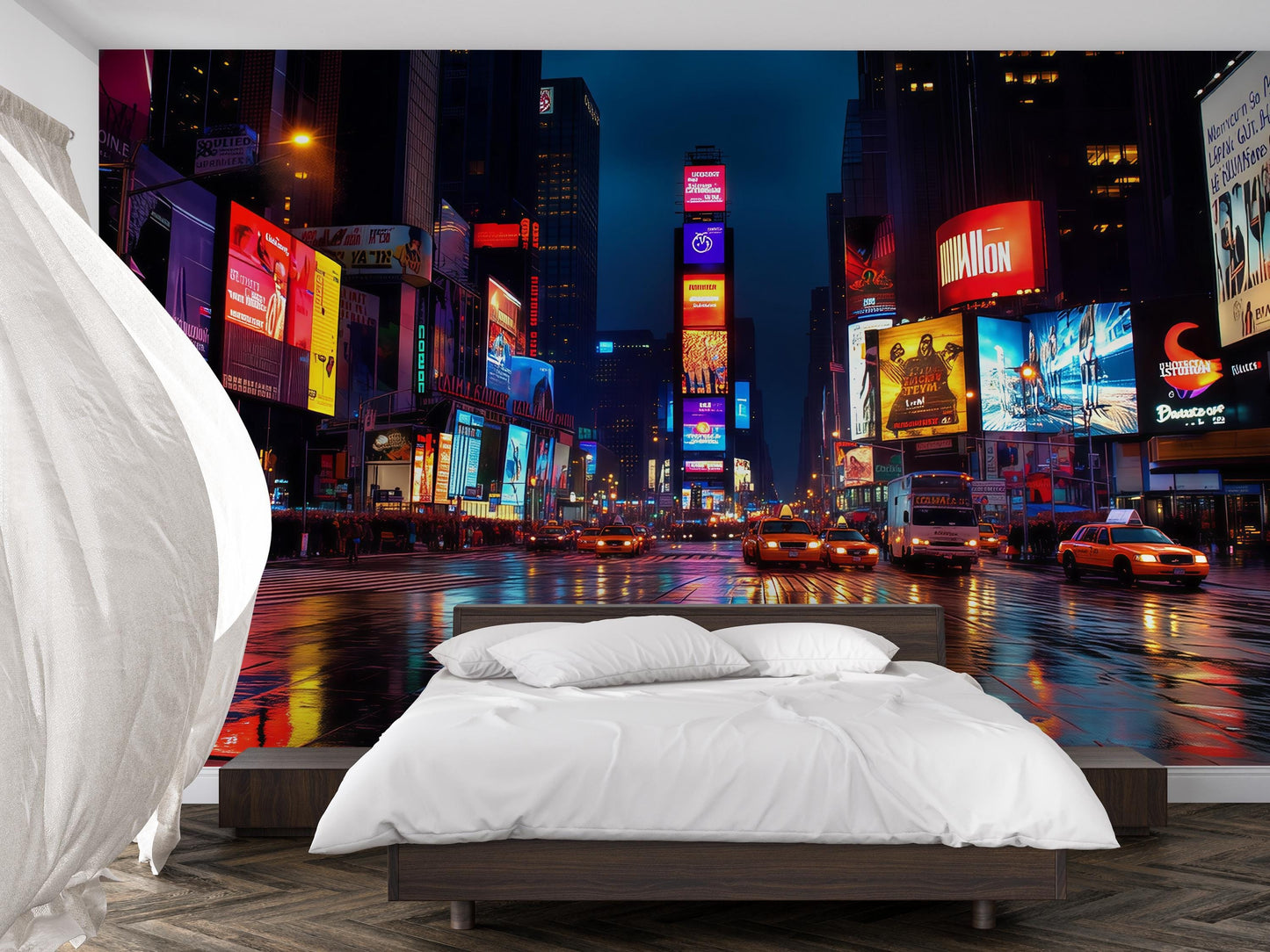 Times Square Wall Mural – NYC Night Lights Taxi Street Wallpaper, Wallpaper for Bedroom Vn899