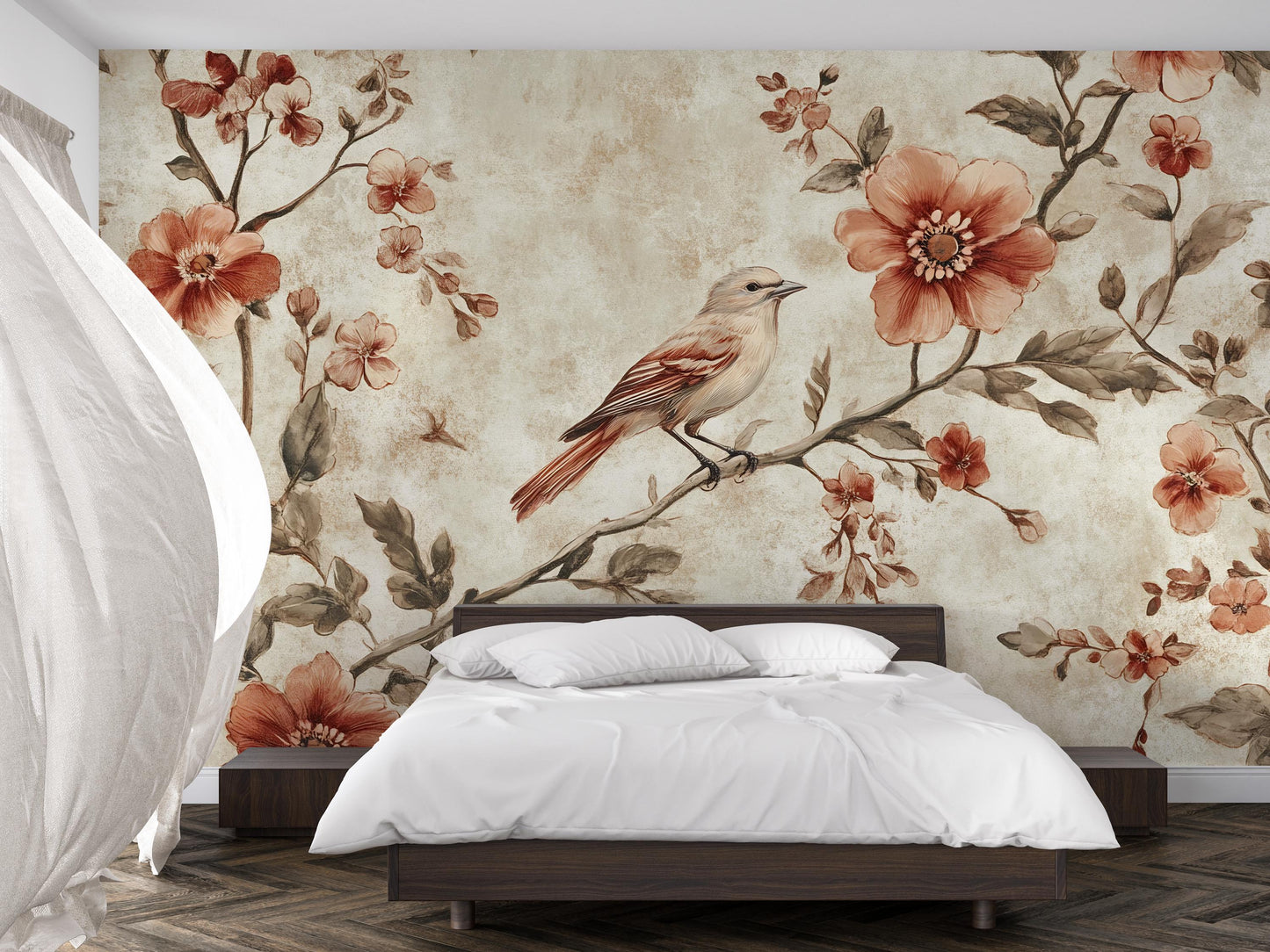 Vintage Bird Mural – Rustic Floral Botanical Wallpaper Wall Art Vn1000