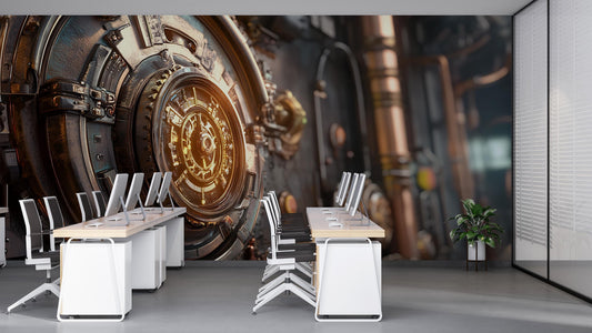 Steampunk Vault Wall Mural – Industrial Office Decor, Futuristic Steampunk Art for Home or Workplace, High-Detail Printable Artwork Vn382