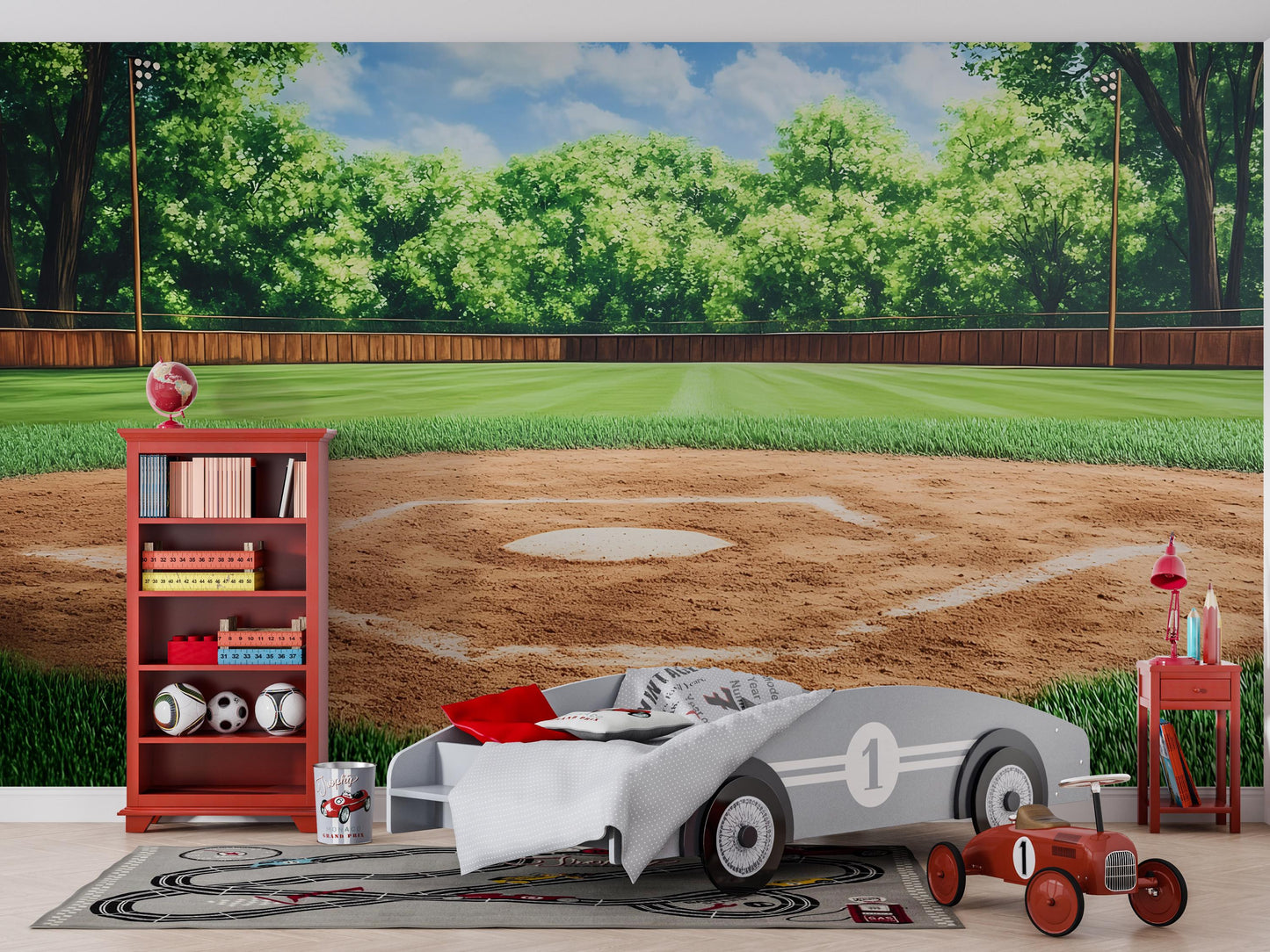Baseball Field Wall Mural – Realistic Sports Theme Wallpaper for Boys Room, Game Room, or Man Cave Decor Vn531