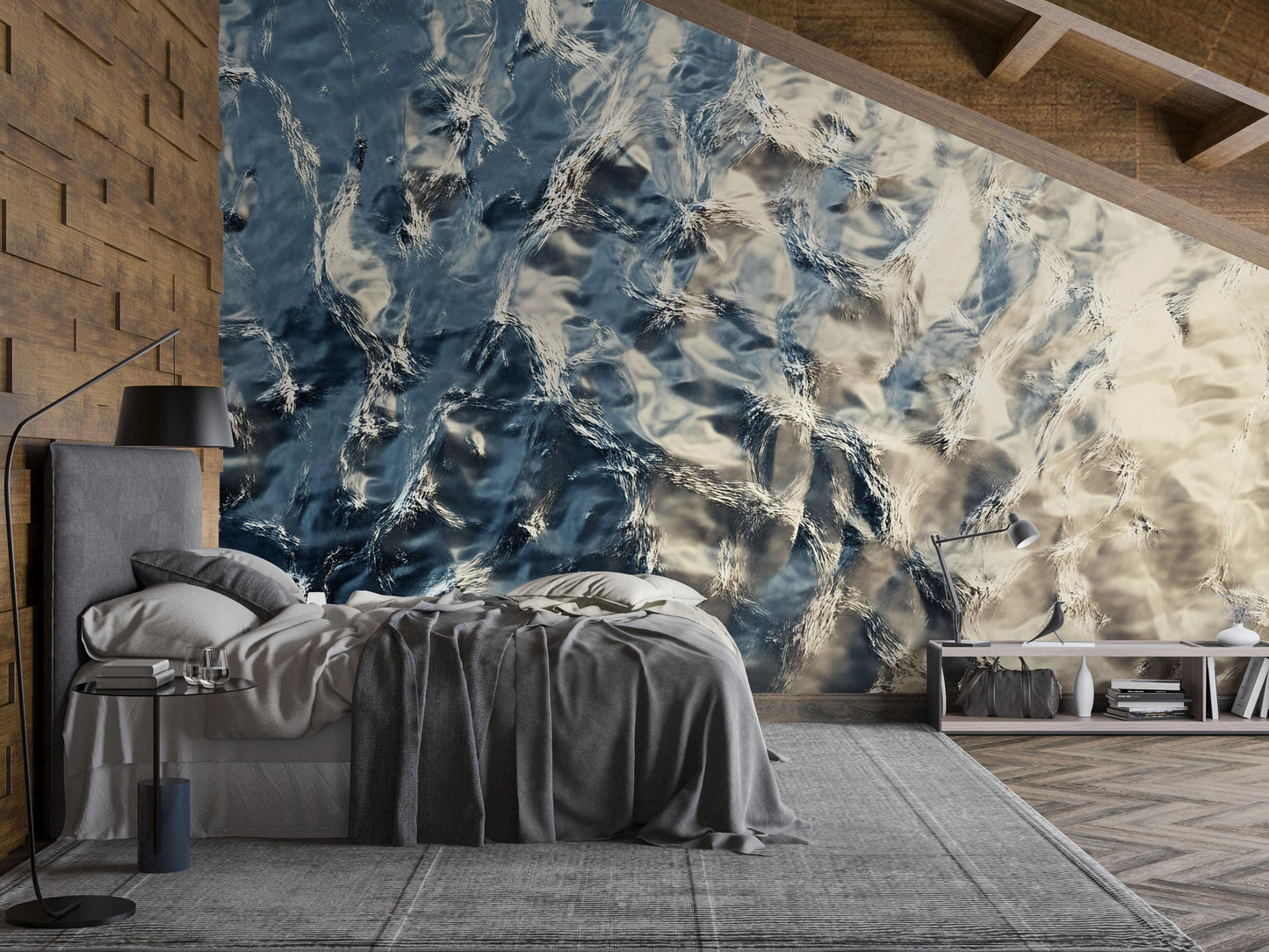 Abstract Ocean Ripple Wall Mural – Modern Blue Beige Water Texture Wallpaper for Bedroom or Living Room Decor Vn733