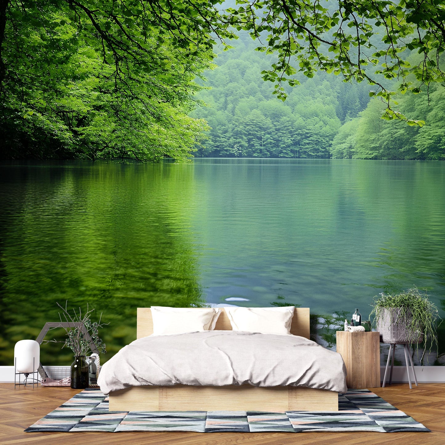 Forest Lake Wall Mural | Tranquil Nature Scene Wallpaper | Bedroom Feature Wall Decor | Green Landscape Lake View Photo Mural Vn686