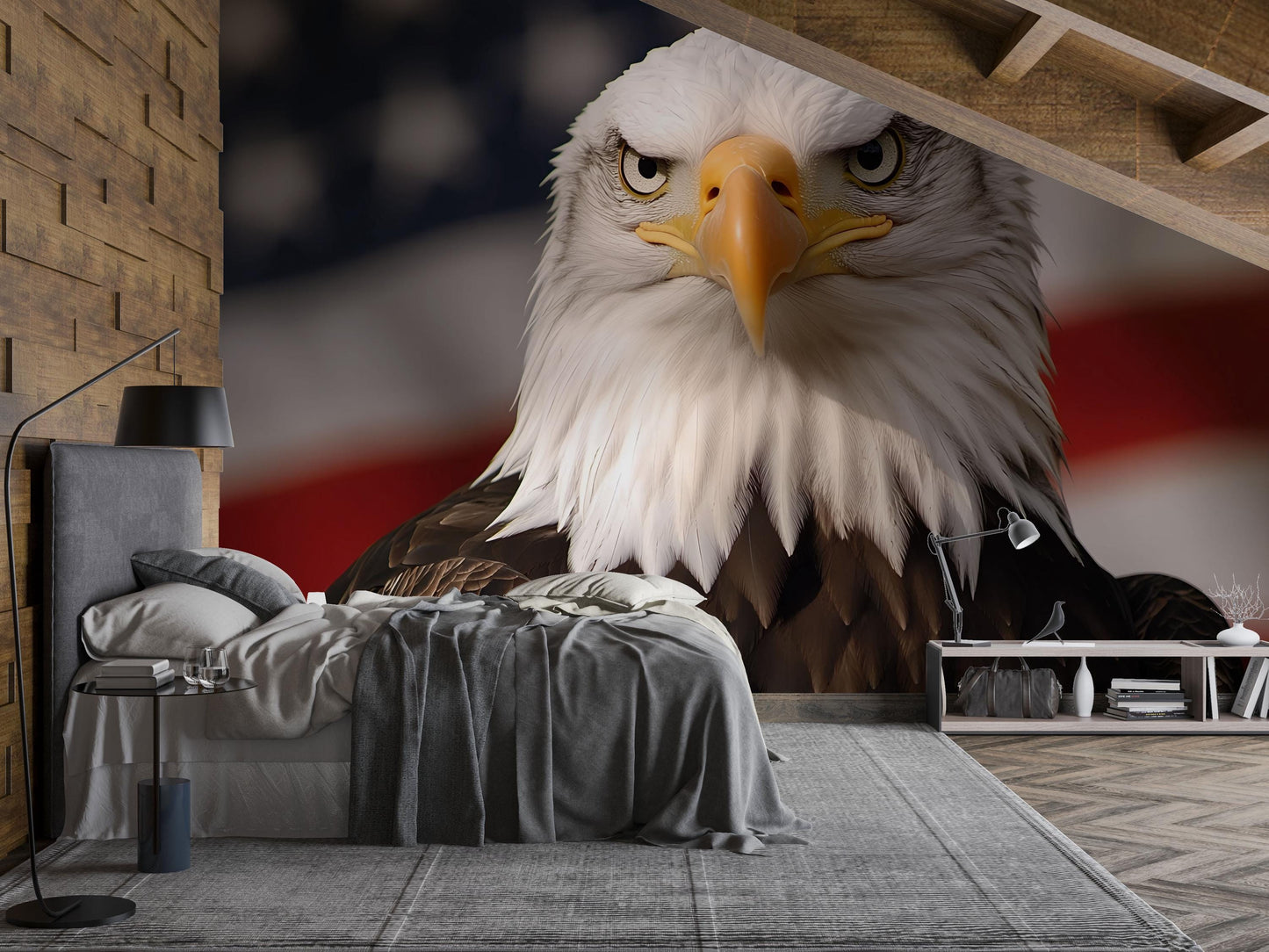 Patriotic Office Wall Mural | Bald Eagle with USA Flag | Modern Workspace Art Vn714