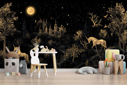 Magical Moonlit Castle Wall Mural – Fantasy Night Sky Wallpaper, Kids Room or Nursery Decor, Glow-Inspired Fairytale Forest Art Vn177