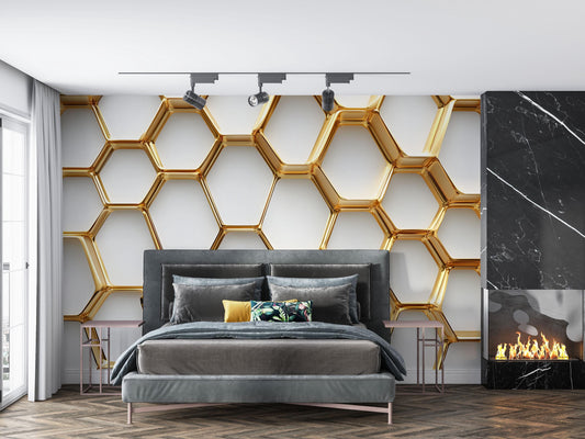 Luxury 3D Gold Honeycomb Wall Mural – Modern Geometric Wallpaper for Bedroom Vn047